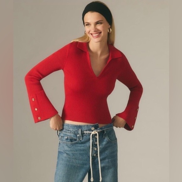Anthropologie Maeve Bell Sleeve Red Polo Ribbed Crop Length Sweater sz S - Picture 3 of 13